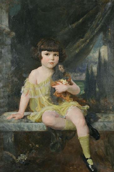 Douglas Volk Young Girl in Yellow Dress Holding her Doll oil painting picture